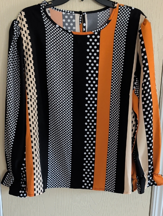 SHEIN Tops - Striped Polka Dot Long-Sleeve Blouse - Black, Orange, Cream - 2XL